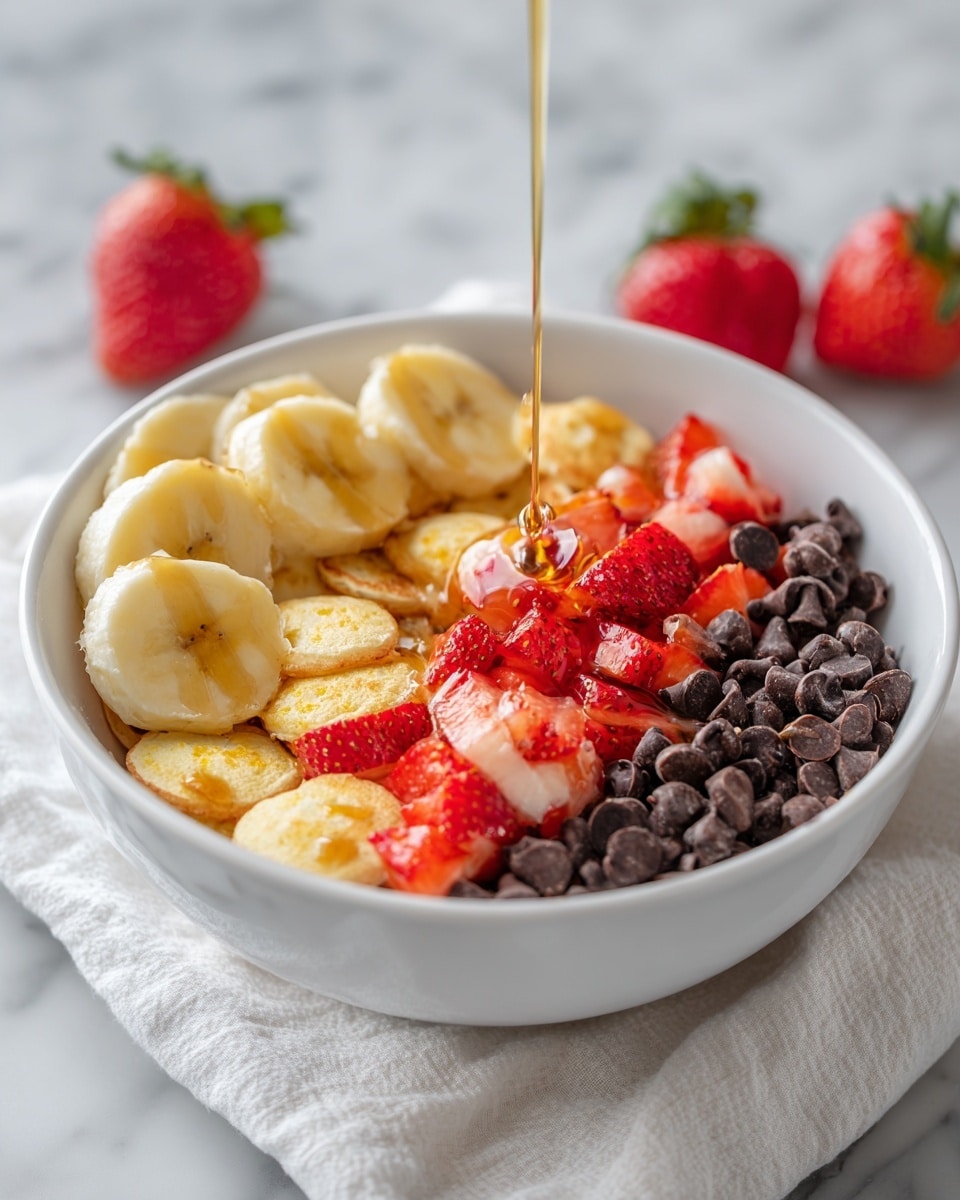 In a white bowl placed on a white marbled surface, there is a colorful dish with multiple layers. The bottom layer consists of tiny golden-brown mini pancakes that are round and fluffy. Scattered on top are fresh red strawberry pieces, light yellow banana slices, and dark brown chocolate chips. A dollop of white yogurt or cream is seen peeking through the fruit and pancakes. A thin stream of golden syrup is being poured over the center of the dish, adding shine and a sticky texture to the banana slice it touches. The background also shows some whole strawberries out of focus, enhancing the freshness of the scene. Photo taken with an iphone --ar 4:5 --v 7