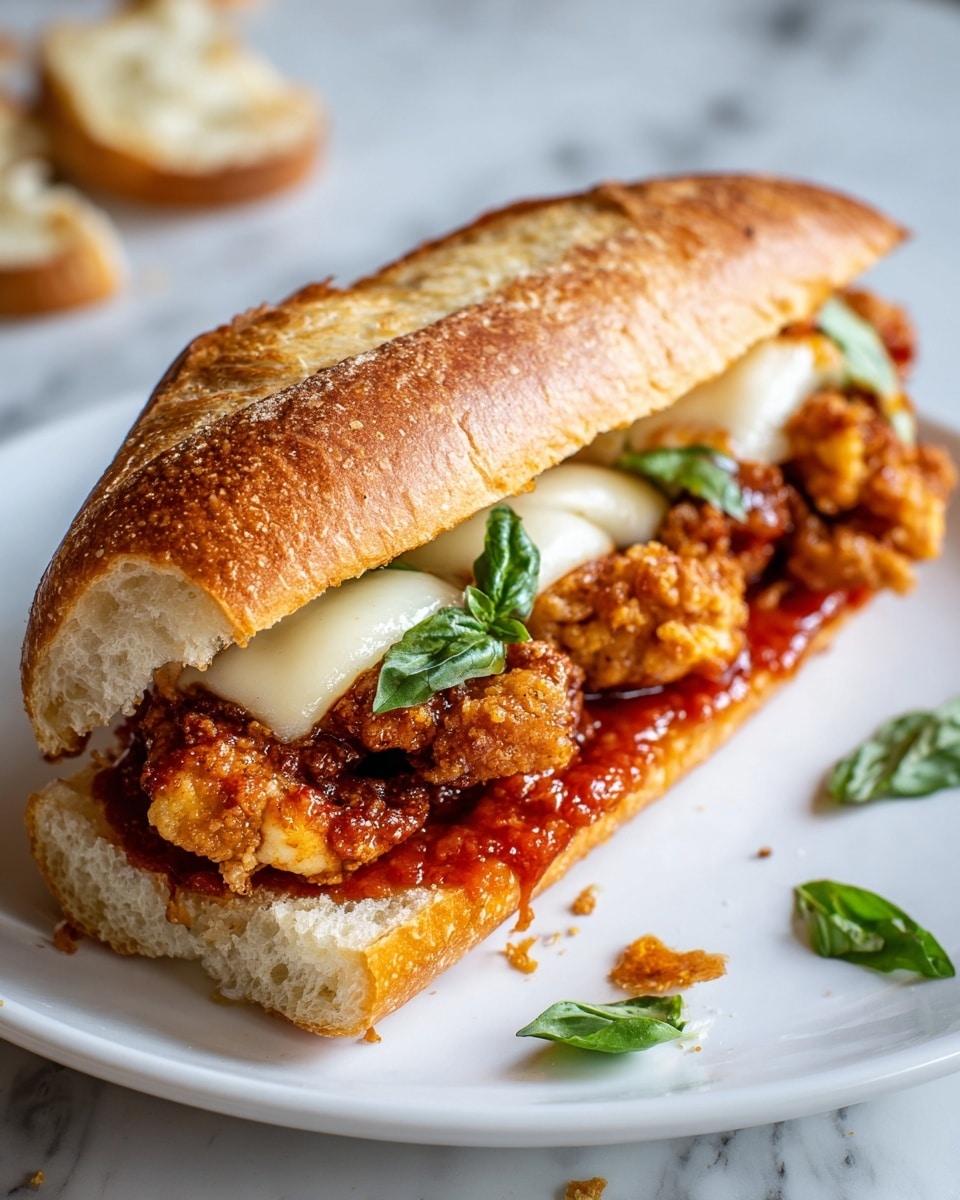 A sandwich is shown with a light golden brown crusty hoagie roll sliced open horizontally. The bottom layer is a thick spread of red marinara sauce, rich and slightly chunky. On top of this is a breaded and fried chicken cutlet, cut to reveal the white juicy inside. Melted white mozzarella cheese slices cover the chicken, with fresh green basil leaves scattered over the cheese. The sandwich is placed on a white plate with a few basil leaves nearby and crumbs scattered around. The background is a smooth white marbled texture. photo taken with an iphone --ar 4:5 --v 7