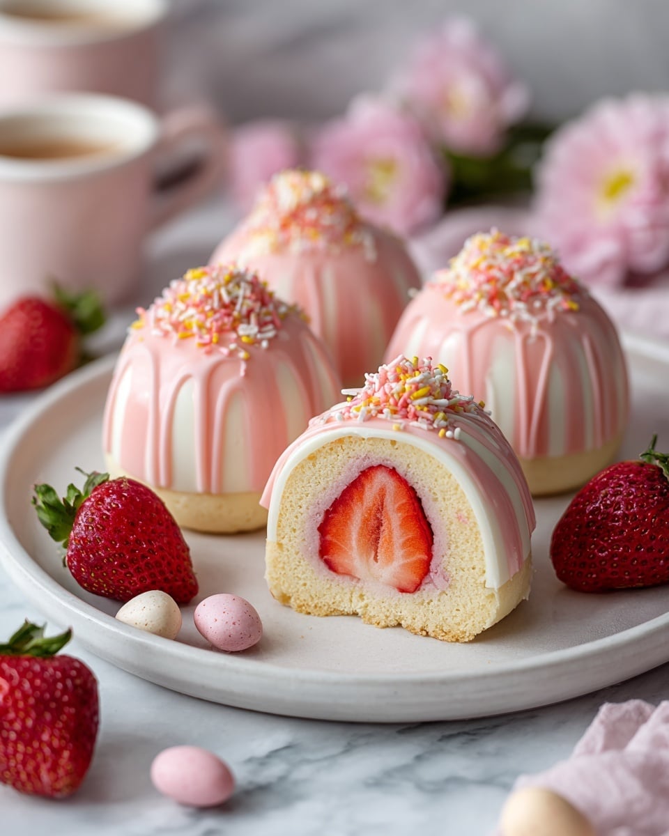 Four round desserts sit on a white plate placed on a white marbled surface. Each dessert has three layers: a soft beige cake base, a middle creamy pink layer, and a smooth white outer shell with light pink stripes. The top of each dessert is decorated with thin pink icing lines and small pastel pink, white, and yellow round sprinkles. Two of the desserts are whole, while the other two are cut in half, showing a red strawberry inside the middle creamy layer and surrounded by the beige cake. Around the plate, there are a few scattered sprinkles and small round candies in pink and white, alongside fresh strawberries and a white bowl filled with strawberries in the background, with soft pink flowers behind it. photo taken with an iphone --ar 4:5 --v 7