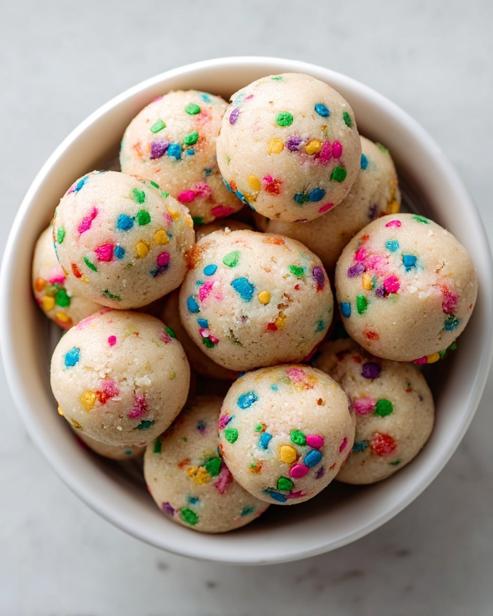 A white bowl filled with small round cookie dough balls stacked in a pyramid shape, each ball light brown with visible chunks and colorful rainbow sprinkles on top, showing a slightly rough texture; the background surface is a white marbled texture. photo taken with an iphone --ar 4:5 --v 7