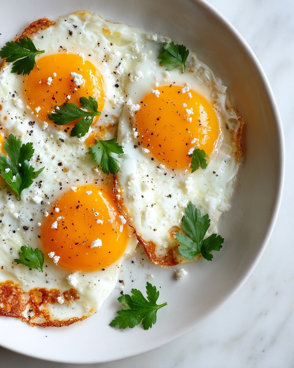 Three fried eggs with crispy golden edges sit on a white plate with a slight speckled texture. The egg yolks are bright orange and glossy, surrounded by smooth, cooked white egg whites that have browned and crisped at the edges. Crumbles of white cheese are scattered on top of the eggs and on the plate, adding texture. Fresh green parsley leaves are placed around and on the eggs for color contrast. A light sprinkle of black pepper is visible over the eggs and cheese. The plate rests on a white marbled surface. photo taken with an iphone --ar 4:5 --v 7