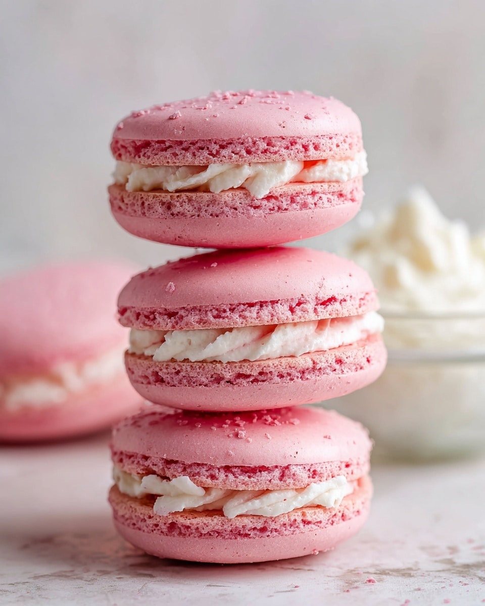 Three pink macarons are stacked on a white marbled surface, with two at the bottom and one resting on top slightly tilted. Each macaron has two smooth, light pink shells with a slightly shiny finish and a middle layer of textured, darker pink filling that looks creamy and thick. In the blurred background, there is a clear glass bowl with white cream and a small yellow spoon inside. The overall scene has soft natural lighting and pastel tones. photo taken with an iphone --ar 4:5 --v 7
