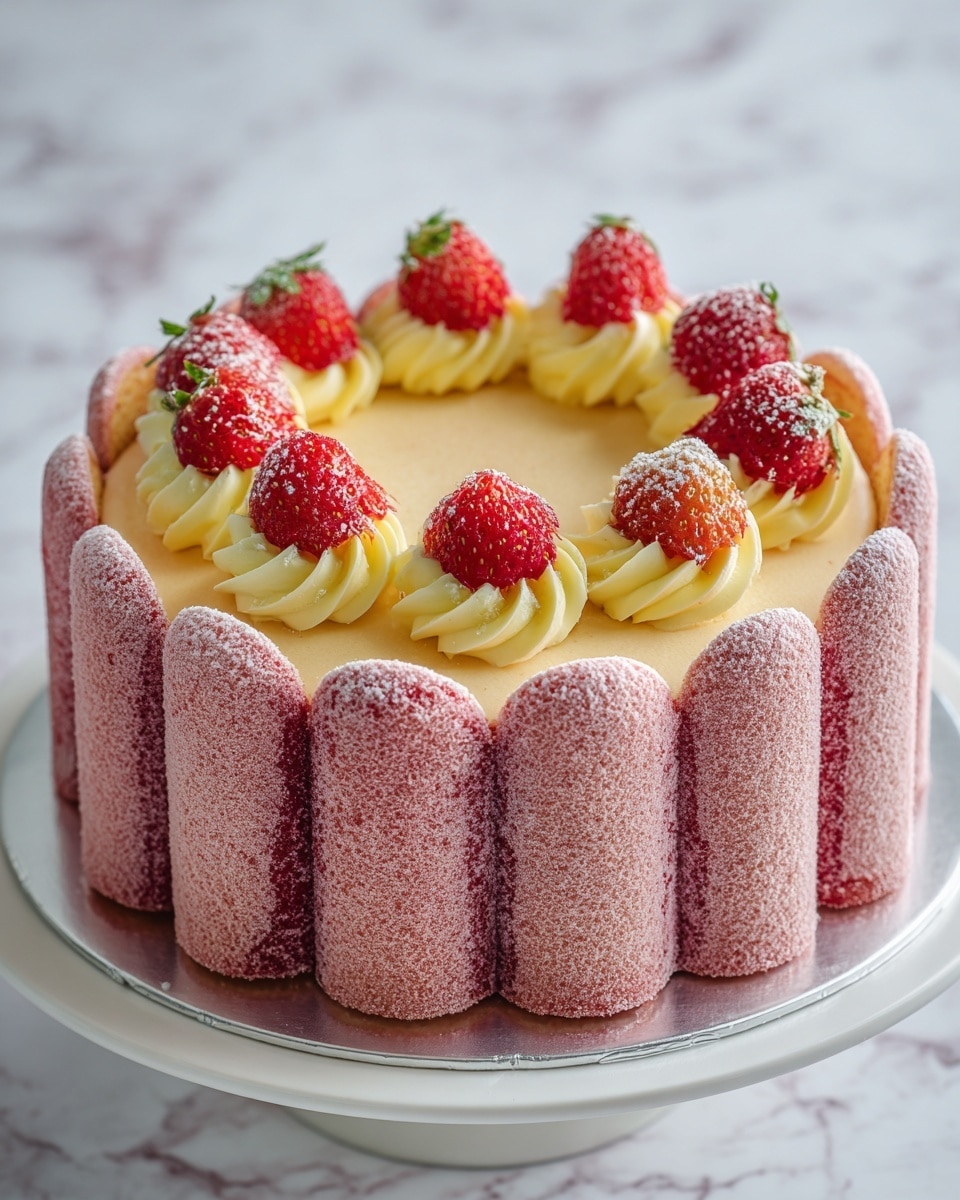 A round, ring-shaped cake with eight scalloped layers, alternating between a smooth pastel pink and a rich red with a slightly rough texture, dusted lightly with powdered sugar. Between each scalloped section is a thin, yellow cream layer, adding a soft contrast. On top of the cake, in the inner circle, there are small swirls of yellow cream evenly spaced, each topped with a fresh red strawberry. The cake sits on a white cake stand against a white marbled background. Photo taken with an iphone --ar 4:5 --v 7