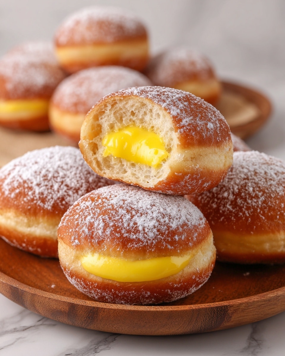 The image shows a white round plate filled with eight small round doughnuts arranged in two layers. Each doughnut has a golden-brown color with soft, puffy texture. They are cut in half horizontally, with a smooth, thick layer of yellow custard cream between the halves. The tops of the doughnuts are dusted with a light layer of powdered sugar, giving them a soft white coating. The plate rests on a white marbled surface, and the overall look is warm and inviting. Photo taken with an iphone --ar 4:5 --v 7
