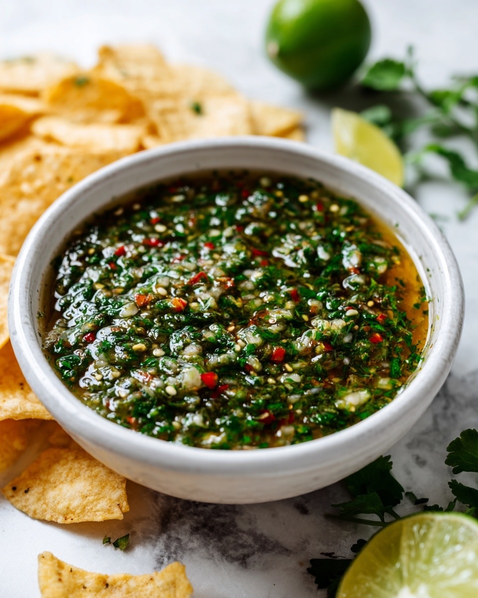 A white bowl filled with green salsa that looks chunky and speckled with small bits of ingredients like red onion and herbs. The salsa has a mix of darker and lighter green shades with some small red and white pieces visible. The bowl is placed on a white marbled surface with whole limes and lime halves nearby, along with light yellow tortilla chips stacked beside the bowl. The scene has a fresh and casual feel, with the chips and limes adding color contrast. Photo taken with an iphone --ar 4:5 --v 7