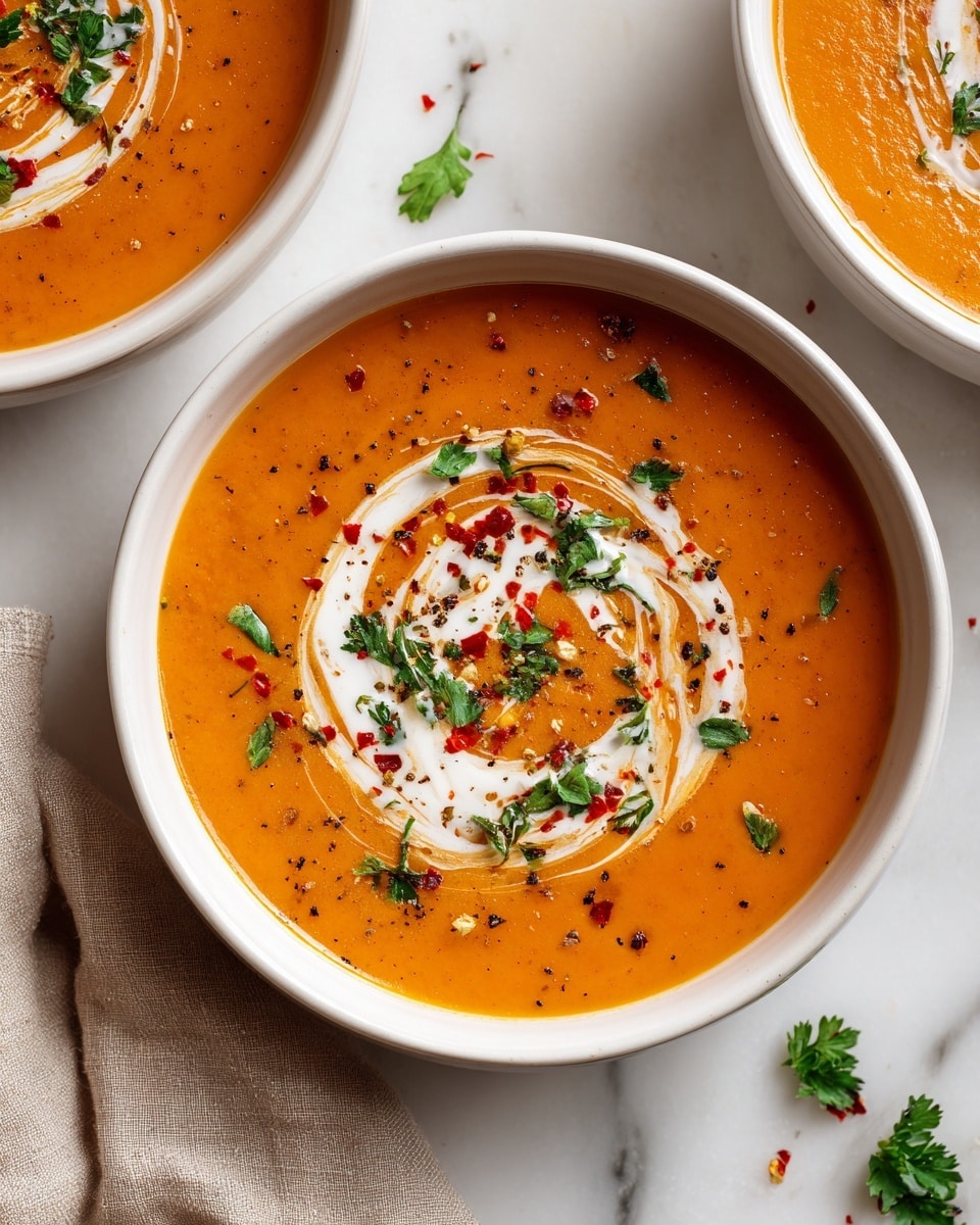 A white bowl filled with creamy orange soup with a smooth texture, topped with a swirl of white cream in a circular pattern near the center. Scattered on the surface are small green herb leaves, tiny black pepper specks, and red spice powder, adding color contrast. The bowl sits on a white marbled surface with some chopped green herbs scattered around, adding freshness to the scene. A glimpse of another bowl with similar soup is in the top left corner, slightly out of focus. photo taken with an iphone --ar 4:5 --v 7