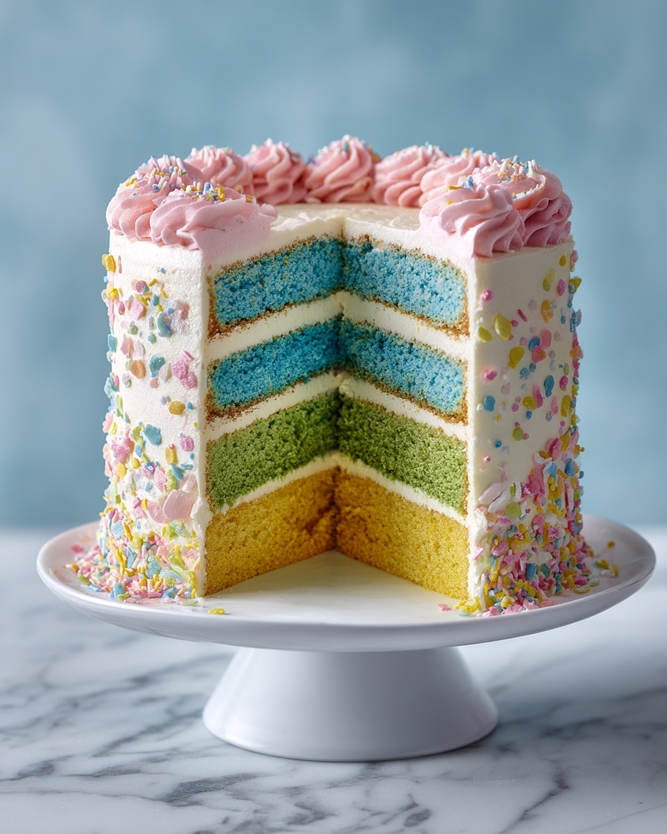 The image shows a round cake with five colorful layers stacked inside a smooth white frosting. From top to bottom, the layers are pink, yellow, green, blue, and purple, each with a slightly moist texture. The cake's outer edges are covered in thick white frosting with pink piped swirls around the top edge. Colorful small round sprinkles cover the top and are scattered around the white cake stand. The cake stand is placed on a white marbled surface, with a blurred light blue background behind. Photo taken with an iphone --ar 4:5 --v 7