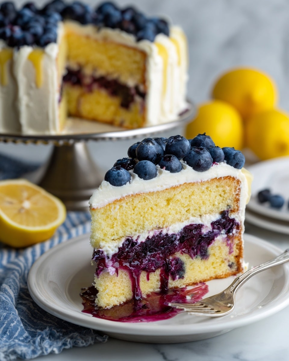 A slice of blueberry cake on a white plate showing three layers: the bottom layer is a light yellow cake with baked-in blueberries and purple juice oozing out, the middle layer is a thick white cream frosting, and the top layer is decorated with fresh round blueberries. Behind the slice, the cake from which it was cut sits on a white plate with more blueberries on top and a hint of the yellow cake and white frosting visible. The scene is set on a white marbled surface with whole and halved lemons and a blue and white striped cloth nearby. A silver fork rests on the plate next to the cake slice. photo taken with an iphone --ar 4:5 --v 7