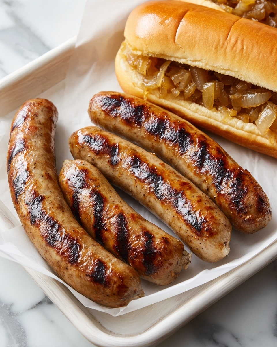 The image shows two grilled sausages on a white tray lined with white parchment paper, with one sausage placed inside a soft, golden-brown bun that is filled with caramelized onions. The sausages have a dark, shiny grill mark crust that contrasts with their juicy, lightly speckled brown skin, while the caramelized onions inside the bun appear soft and glistening with a golden brown color. The tray rests on a white marbled surface, adding a clean and bright background to the rich, warm colors of the food. Photo taken with an iphone --ar 4:5 --v 7