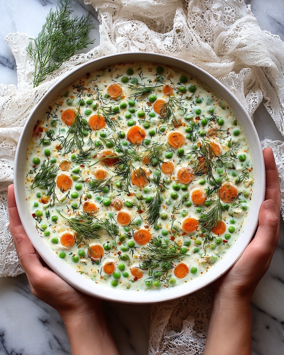 A white deep bowl filled with three layers of green peas covered in creamy white sauce, scattered on top with small orange carrot slices shaped like petals. Around the edges inside the bowl, there are sprigs of fresh green dill. The bowl is held by two hands over a white lace cloth on a wooden surface with a blurred white marbled textured background. photo taken with an iphone --ar 4:5 --v 7