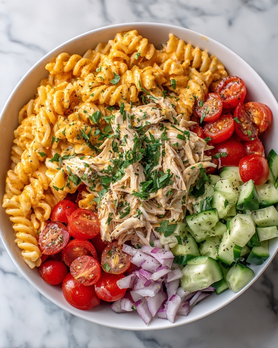 A close-up view of a white bowl filled with a creamy pasta salad that has about four layers: at the base, spiral rotini pasta coated in a rich orange sauce, on top of that are chunks of shredded chicken with a pale beige color, mixed with bright green pieces of celery, sliced red cherry tomatoes, small bits of purple onion, and sprinkled with fresh green herbs. The whole dish looks creamy and slightly speckled with black pepper. The bowl is placed on a white marbled surface. photo taken with an iphone --ar 4:5 --v 7