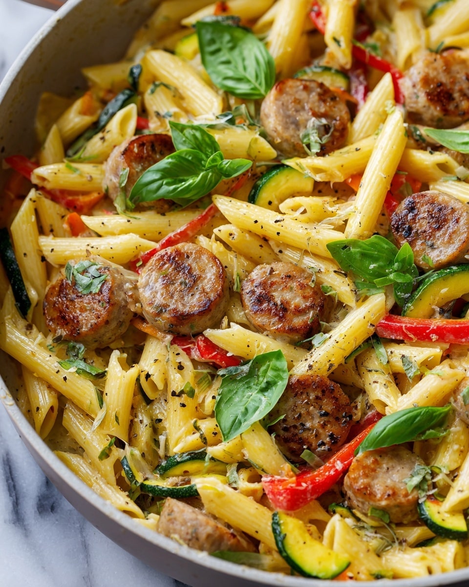A close-up view of a skillet filled with cooked penne pasta mixed with several layers of sliced sausage pieces, thin strips of red bell pepper, and small chunks of zucchini. The pasta is golden yellow and slightly glossy, with a few black pepper flakes sprinkled over it. Bright green basil leaves are scattered on top, adding freshness and color contrast. The skillet has a metallic handle and the background is a white marbled texture. photo taken with an iphone --ar 4:5 --v 7
