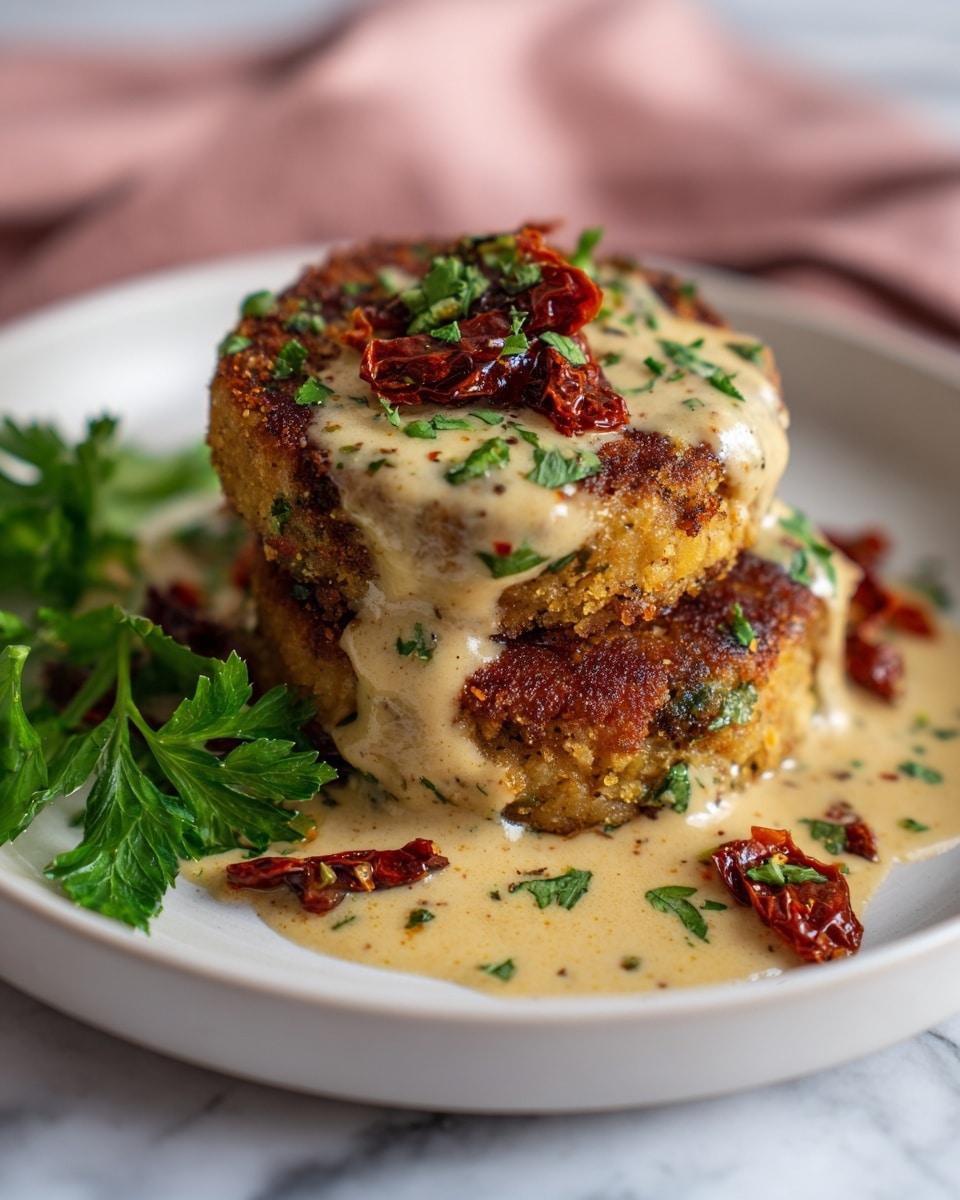 The image shows two thick, golden-brown patties with a crispy texture, placed side by side on a white plate. The patties are covered in a creamy sauce that has specks of green herbs and small pieces of dark red sun-dried tomatoes, some resting on top and others spread around the plate. In the background, there is a bunch of green fresh herbs adding a pop of color. The plate is set on a white marbled surface, and a blurry woman's hand is visible in the background. Photo taken with an iphone --ar 4:5 --v 7