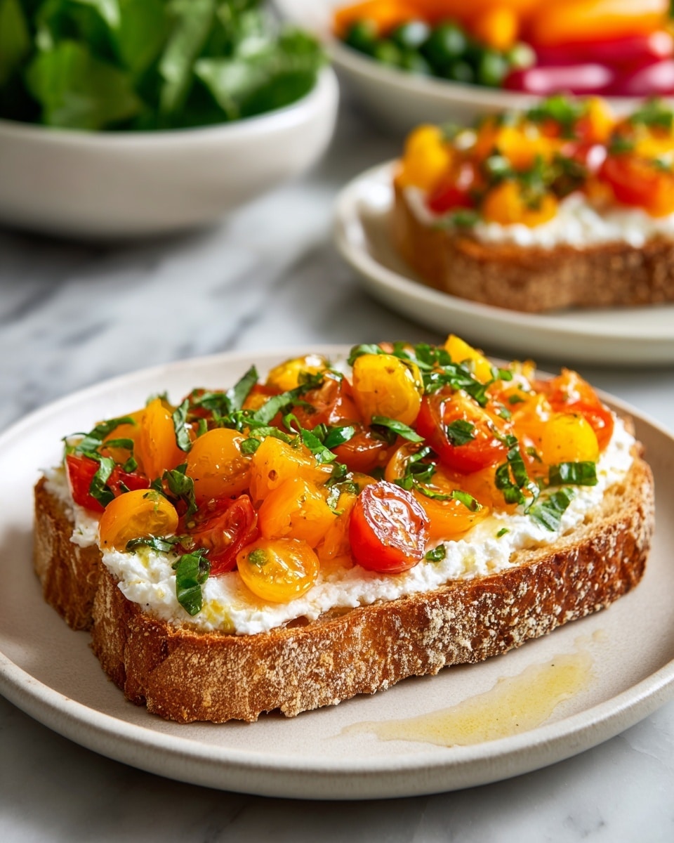 A close-up of a toasted slice of bread with a rough, golden-brown crust as the base layer, topped evenly with a thick spread of white, creamy cheese. On top of this is a colorful mixture of diced golden-yellow and red cherry tomatoes, glistening with olive oil and scattered with small pieces of fresh green basil leaves. The toast sits on a white plate with a light texture that catches the shine of the oil around the bread. In the background, slightly blurred, there are bowls of green leaves and more colorful vegetables on a white marbled surface. Photo taken with an iphone --ar 4:5 --v 7