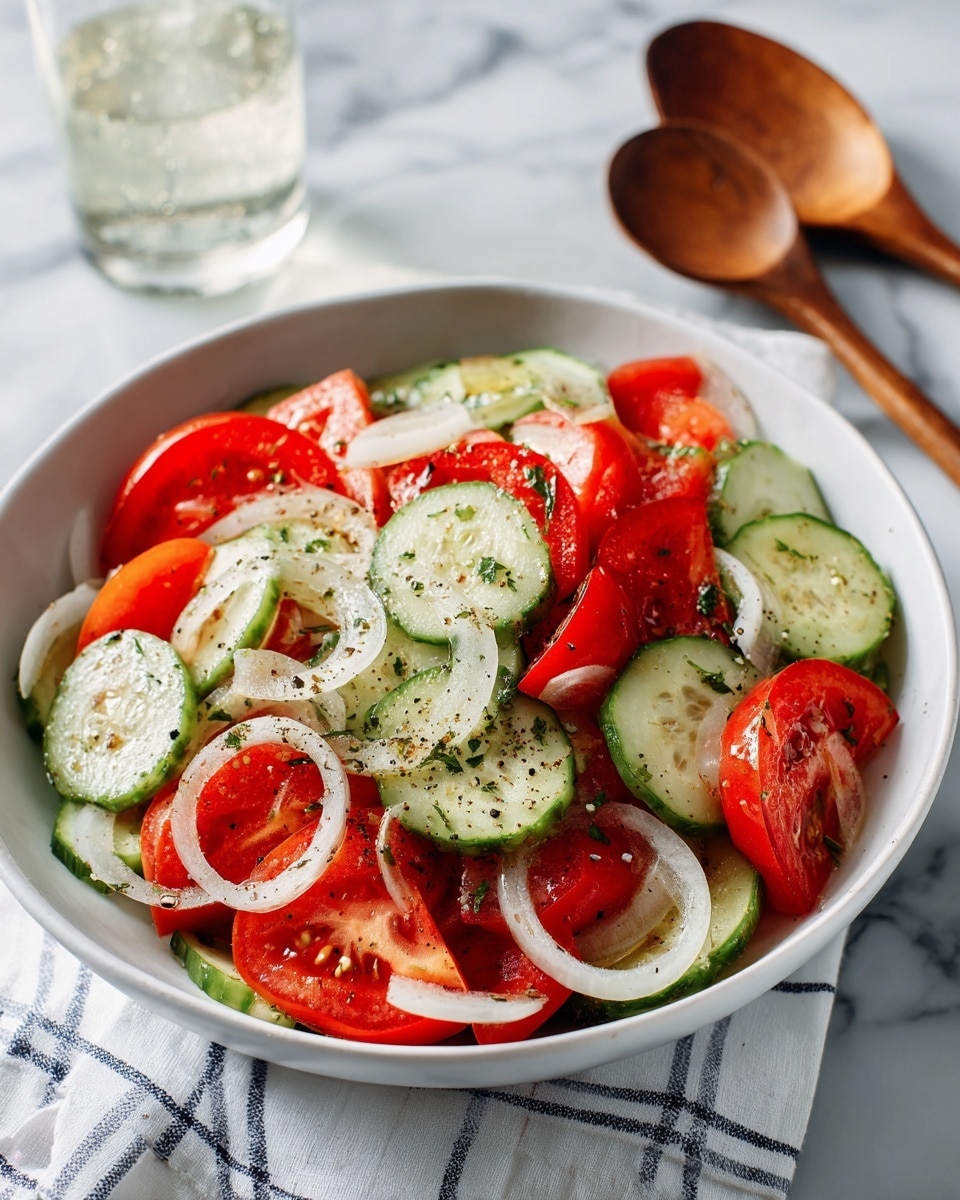 The image shows a white bowl filled with a fresh salad on a white marbled surface. The salad has three main layers: the first layer includes thin green cucumber slices covering the bottom, the second layer is made of red tomato wedges placed evenly among the cucumber, and the top layer consists of large white onion rings spread on top with a sprinkle of dried herbs and black pepper. Near the bowl are wooden salad spoons and a white cloth with a blue grid pattern, with part of a yellow plate holding two silver forks and two clear glasses of water visible in the scene. Photo taken with an iphone --ar 4:5 --v 7