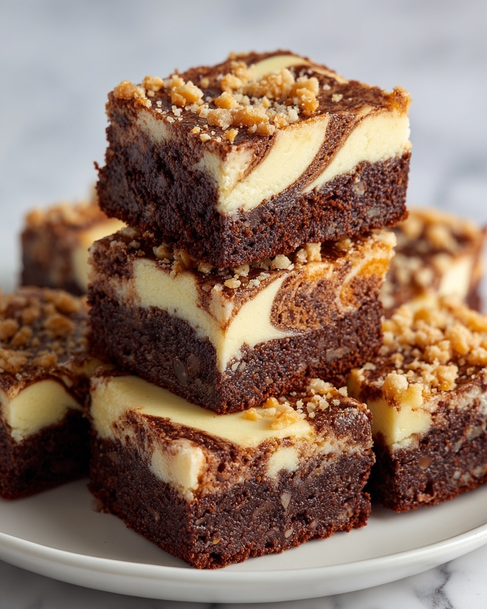 The image shows a stack of thick brownie squares on a white plate set on a white marbled surface. Each brownie has three visible layers: the bottom and top layers are rich dark brown with a dense and slightly crumbly texture, while the middle layer is creamy light yellow with a smooth finish. The top has sprinkled bits of nuts adding a crunchy texture. The close-up view highlights the contrast between the dark chocolate-looking layers and the bright creamy center. Photo taken with an iphone --ar 4:5 --v 7