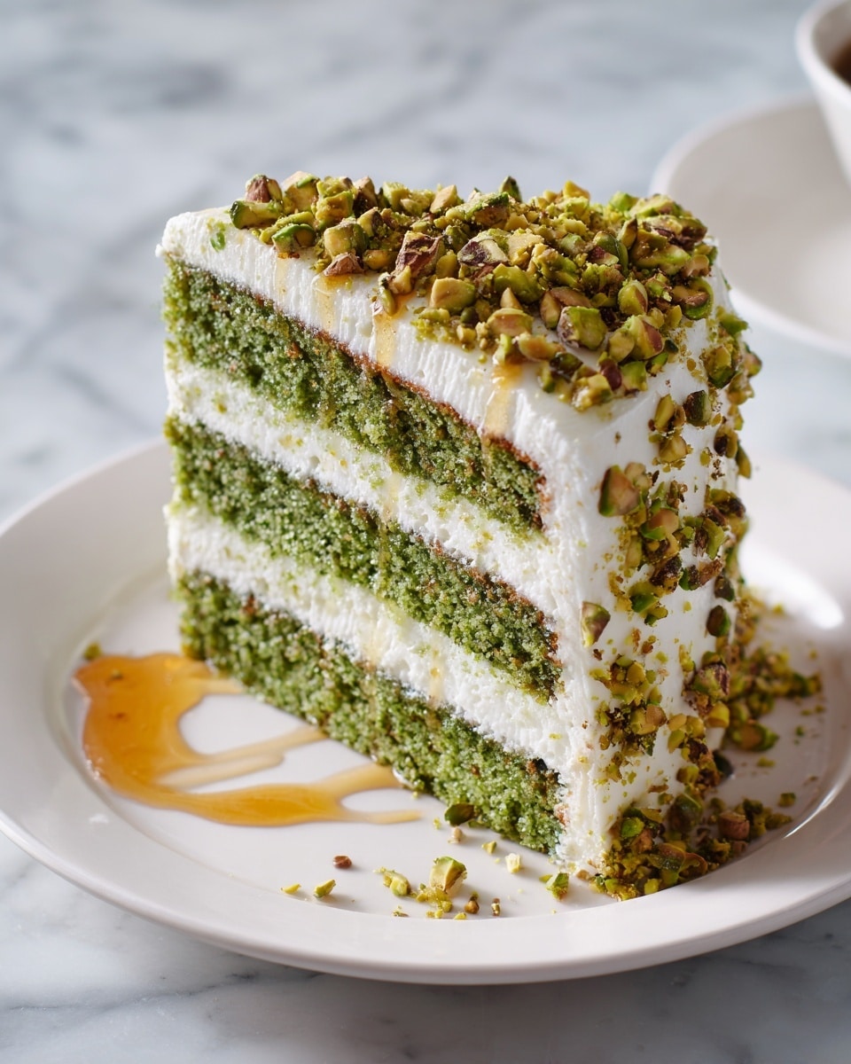 A three-layer green cake with a smooth white cream frosting between each layer and all around the outside. The top is covered with chopped green nuts and a golden honey drizzle falling from a wooden honey dipper held by a woman's hand over the cake. The cake sits on a white plate against a white marbled background. Photo taken with an iphone --ar 4:5 --v 7