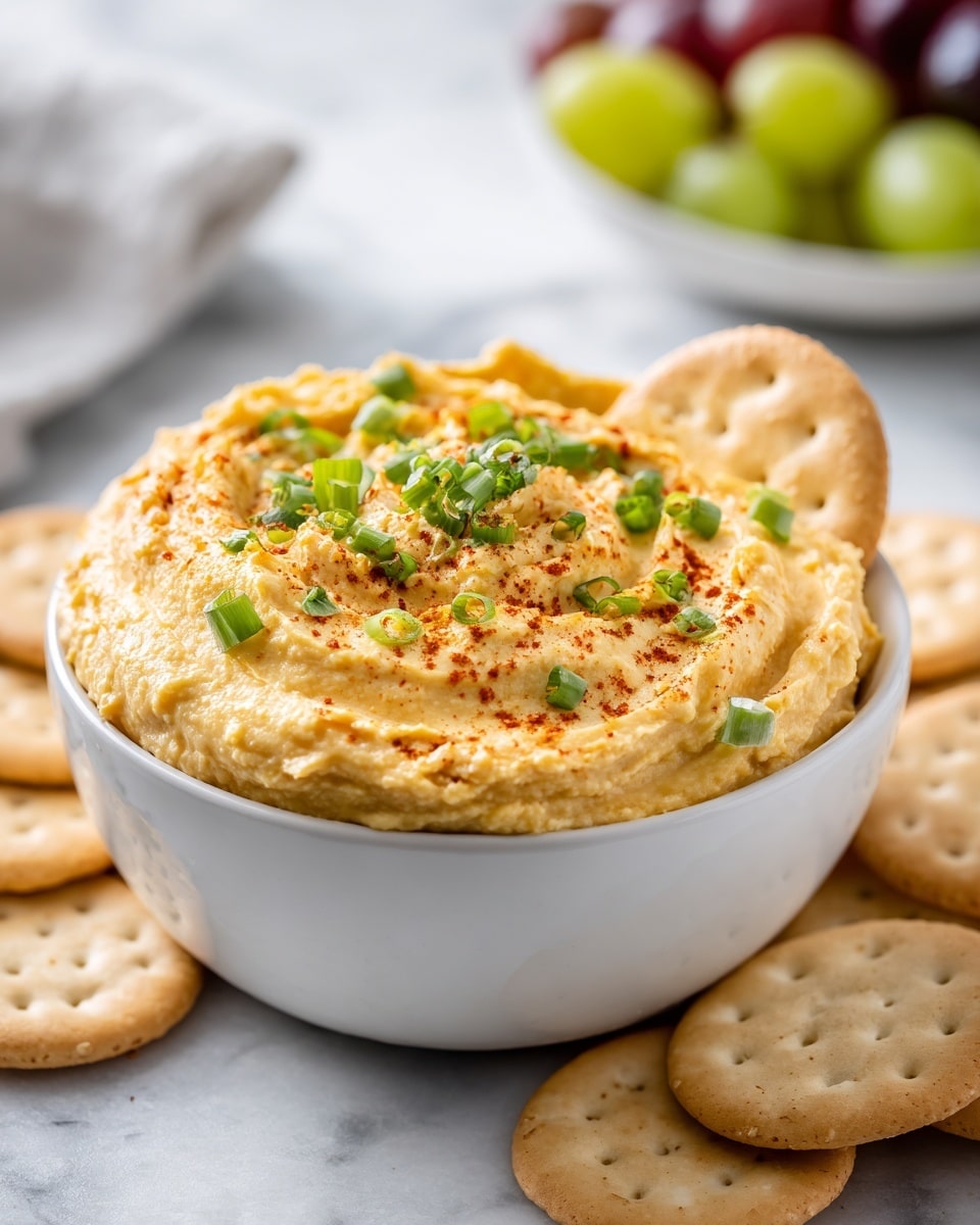 A white bowl filled with a creamy, pale yellow cheese spread with a soft, slightly fluffy texture forms the main layer, sprinkled with small green chopped herbs and a light dusting of reddish-brown spice on top. Around the bowl on a white plate, there are many light tan round crackers with small holes, and one cracker is partially dipped into the spread in the bowl, standing upright. The scene is set on a white marbled surface with blurred out background fruits and a small white bowl holding more chopped green herbs. photo taken with an iphone --ar 4:5 --v 7