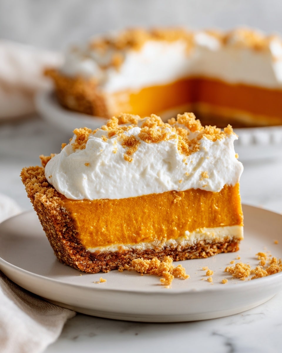 A slice is cut out of a pumpkin pie on a white plate, showing three layers: a crumbly light brown crust pressed at the edges and bottom, a smooth, bright orange pumpkin filling in the middle, and a thick, fluffy white whipped cream topping spread unevenly with soft peaks, sprinkled with golden brown crumbs. The plate is placed on a white marbled surface, and a woman's hand is gently holding the plate from the side. photo taken with an iphone --ar 4:5 --v 7