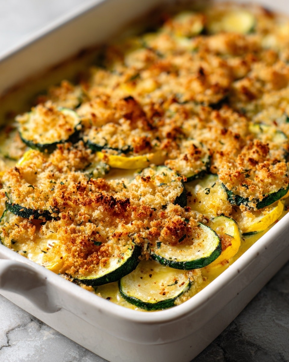 A white rectangular baking dish filled with a baked casserole that has a golden brown, crumbly top layer. The top layer looks crispy and uneven with small browned spots. Below the crust, you can see slices of green zucchini mixed with softer yellow pieces, likely squash or cheese, showing a mix of creamy and baked textures. The casserole fills the dish almost to the edge. The background is a white marbled surface. photo taken with an iphone --ar 4:5 --v 7