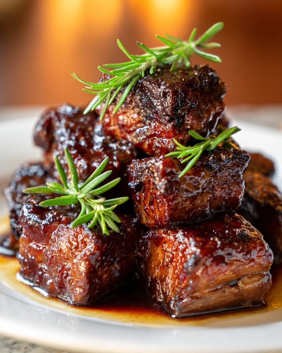 The image shows a white plate filled with thick, juicy pieces of glazed meat stacked in two layers, each piece coated with a shiny, dark brown sauce that looks sticky and rich, with bits of green herbs like rosemary on top for decoration. The background is a soft, warm light with a white marbled texture underneath the plate, giving a cozy and inviting feel. photo taken with an iphone --ar 4:5 --v 7