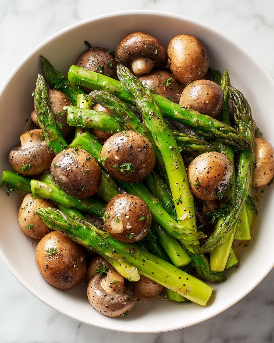 The image shows a white bowl full of cooked green asparagus spears and whole brown mushrooms. The asparagus is bright green with some grill marks and slight charring, giving a fresh and roasted look. The mushrooms are dark brown with a soft, shiny surface from cooking, mixed evenly among the asparagus. The vegetables look slightly oily and seasoned with black pepper, highlighting their texture and color contrast against the white bowl. The bowl sits on a white marbled surface, creating a clean and fresh background. Photo taken with an iphone --ar 4:5 --v 7