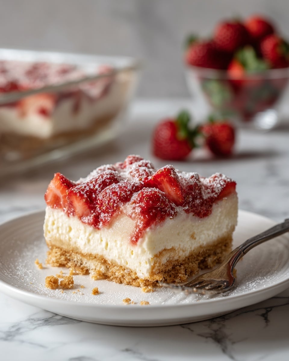 A close-up of a slice of strawberry cream pie on a white plate, showing four main layers: a light golden crumbly crust at the bottom, a thick white creamy layer above it, a thin bright red strawberry jelly layer on top of the cream, and fresh red strawberry pieces arranged on the very top, dusted lightly with white powdered sugar. The slice is cut from a rectangular glass dish filled with the same pie in the background, alongside whole strawberries scattered on a white marbled surface. A silver fork lies diagonally across the plate near the pie slice. photo taken with an iphone --ar 4:5 --v 7