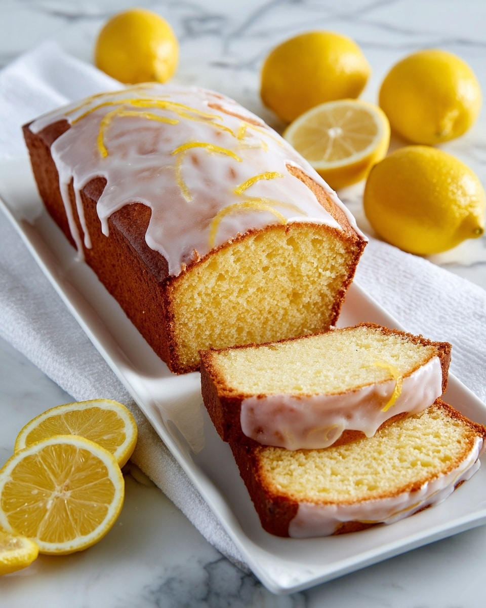 A rectangular lemon cake loaf with a golden brown crust sits on a white rectangular plate, with two slices cut and placed in front showing a moist, pale yellow, soft texture inside. The top of the cake is decorated with four thick, glossy, pale yellow lemon glaze lines, slightly dripping down the sides. Surrounding the plate are whole bright yellow lemons and halved lemons with visible pulp, all set on a white marbled textured surface with a white cloth partially visible under the plate. photo taken with an iphone --ar 4:5 --v 7