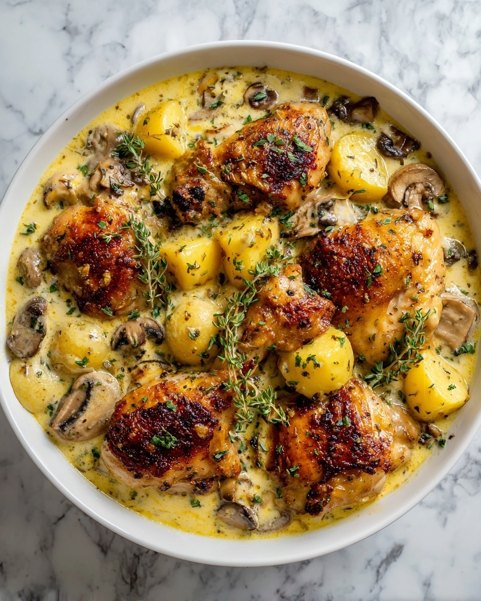 A close-up view of a chicken stew in a deep white bowl, showing a creamy sauce with a light yellow color and smooth texture filling the bottom layer. Large pieces of golden brown roasted chicken with a crispy, charred skin sit on top of the sauce, arranged evenly across the bowl. Scattered among the chicken are several soft, glossy, yellow potato chunks of similar size. Small green sprigs of fresh herbs are dotted throughout the dish, adding contrast to the warm yellow and brown tones. The bowl is set on a white marbled surface, and soft natural light highlights the glossy and crispy textures of the food photo taken with an iphone --ar 4:5 --v 7