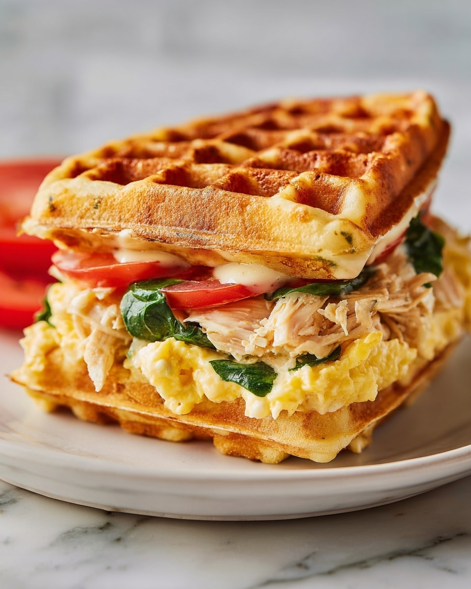 A close-up of a sandwich made with two thick, golden-brown waffle layers, each having a crisp texture and square grid pattern. The top waffle layer holds a soft, scrambled egg layer that is yellow with some melted white cheese mixed in, slightly oozing out. The bottom waffle layer supports a layer of pulled chicken that appears juicy and tender, topped with fresh green spinach leaves and a slice of bright red tomato. Beneath the chicken is a creamy white sauce visible around the edges. The sandwich is served on a white plate, placed on a white marbled surface. photo taken with an iphone --ar 4:5 --v 7