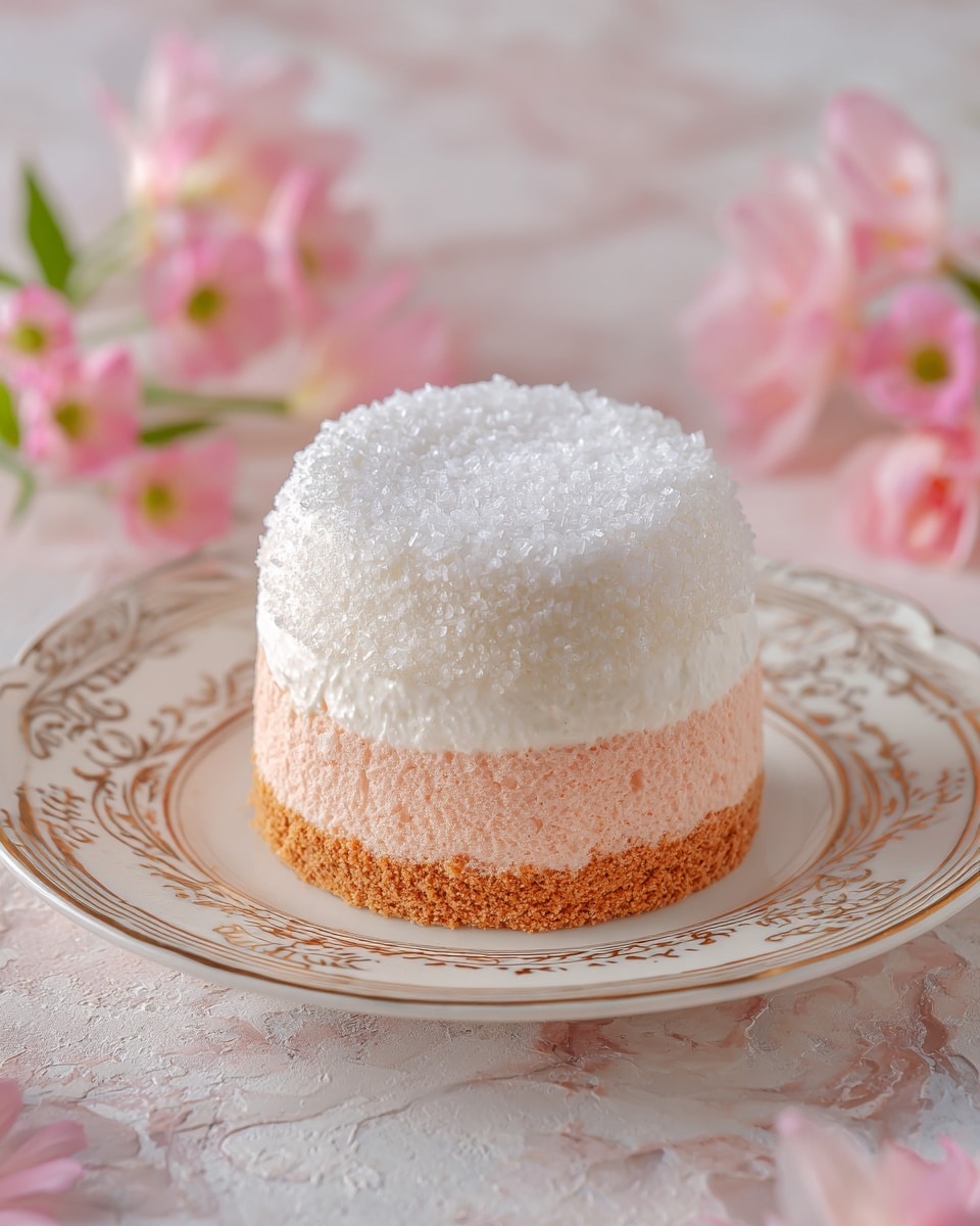 A two-layered round dessert sits on a decorative white plate with gold edges; the bottom layer is a soft pink color with a slightly translucent texture, while the top layer is covered in a thick coat of white, coarse sugar crystals that sparkle and give a frosty look. The dessert's layers are separated by a thin line of light brown, and the entire sweet is dusted with crystalline sugar that adds a crunchy texture. Soft pink flowers surround the plate on a white marbled surface, adding a delicate, springtime feel. Photo taken with an iphone --ar 4:5 --v 7