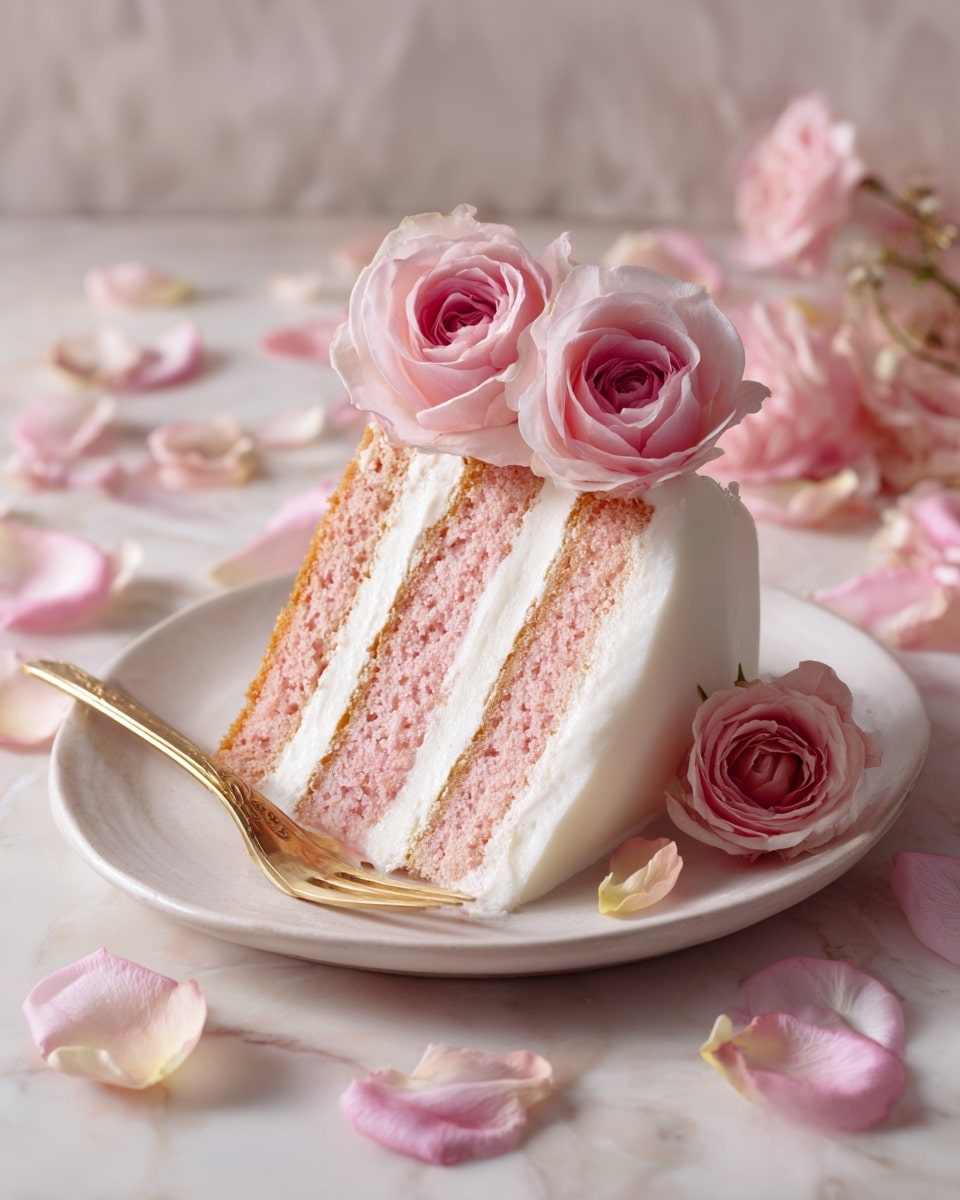 A slice of four-layer pink cake with creamy white frosting between each layer and covering the outside sits on a white plate with a gold fork beside it. The top of the cake is decorated with three soft pink roses, and there are a few pink crumbs scattered on the plate. The background shows soft pink petals and flowers on a white marbled surface. photo taken with an iphone --ar 4:5 --v 7