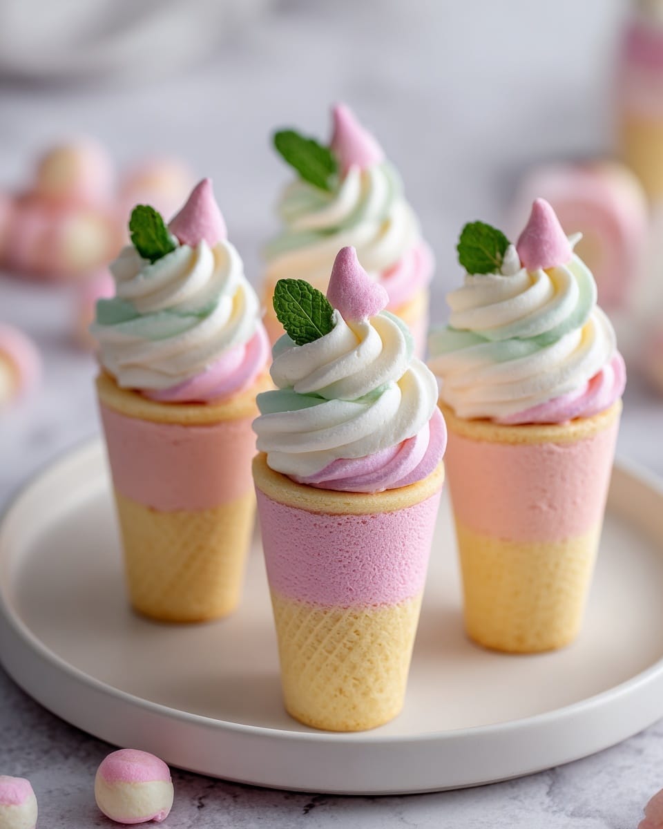 The image shows five small, round desserts with two layers sitting on a white plate. The bottom layer is pale yellow and smooth, while the top layer is a creamy pink with a slightly rough texture. Each dessert is topped with white swirled cream, decorated with a small pink dot and two green mint leaves on top. The plate rests on a white marbled surface, with a soft pink background blurred in the back. The lighting is soft, highlighting the pastel colors and delicate details of the desserts. photo taken with an iphone --ar 4:5 --v 7