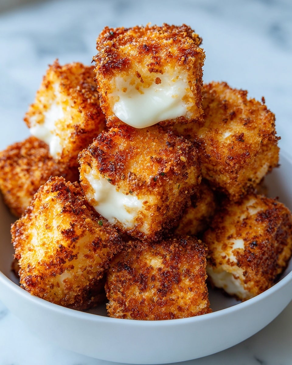 A close-up of golden brown fried cheese cubes piled in a white bowl, each cube showing a crispy, textured crust with a slightly rough surface and small white cheese bits visible inside. The cubes are neatly stacked, with some cubes highlighting their smooth, creamy interior contrasting with the crunchy outer layer. The background shows a blurred white marbled texture with soft green and yellow tones suggesting indoor natural light. photo taken with an iphone --ar 4:5 --v 7