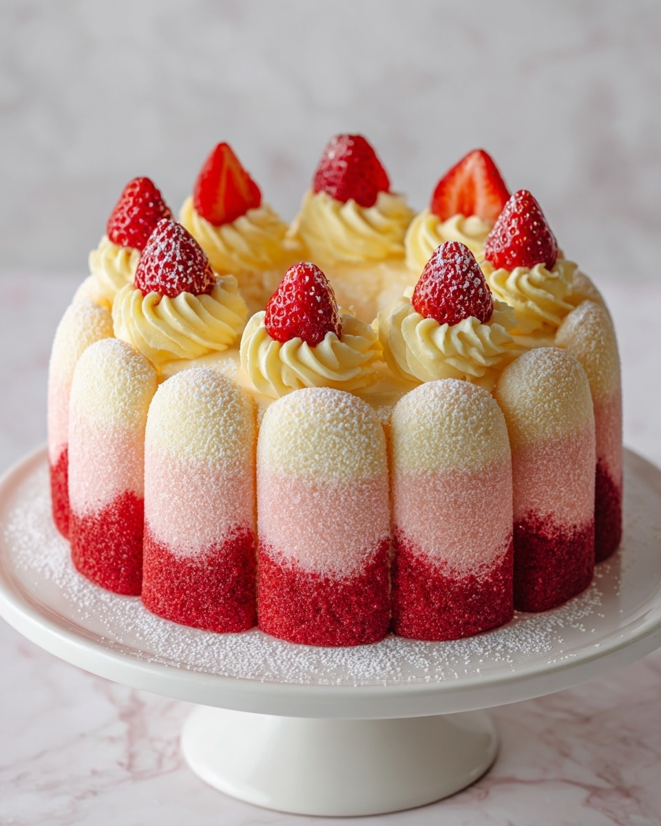 This image shows a pink and white bundt cake with a smooth, creamy texture, placed on a white cake stand against a white marbled background. The cake has alternating light pink and deep pink vertical ridges around its circular shape, dusted lightly with powdered sugar. On top of the cake, there are evenly spaced swirls of pale yellow cream and fresh red strawberries, adding texture and color contrast to the soft, smooth cake layers. The overall appearance is bright, fresh, and inviting. Photo taken with an iphone --ar 4:5 --v 7