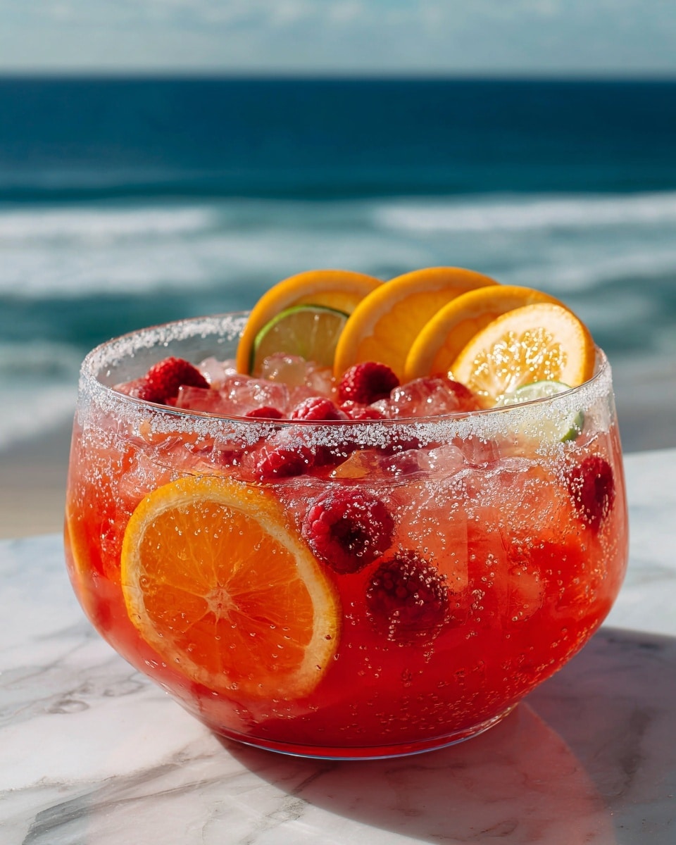 A round glass filled with a bright orange-red drink layered with crushed ice and small lemon and orange slices floating inside and on top. The glass rim is covered with coarse salt. There are several small red raspberries placed on top of the ice and around the rim. Three citrus slices—one orange, one lemon, and one lime—are placed around the glass rim. The glass sits on a light-colored surface with a white marbled texture, with an out-of-focus background showing a bright blue sky and blurred green plant leaves. Photo taken with an iphone --ar 4:5 --v 7