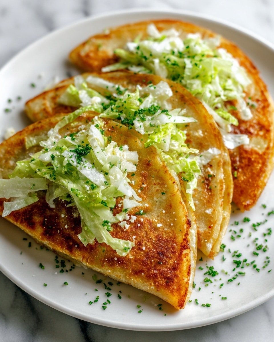 Three folded quesadillas with a golden brown crispy outer layer are placed side by side on a white plate. Each quesadilla is topped with a layer of finely shredded pale green lettuce, sprinkled with white crumbly cheese, and some small green herb pieces scattered around the plate edges. The background features a white marbled texture. photo taken with an iphone --ar 4:5 --v 7
