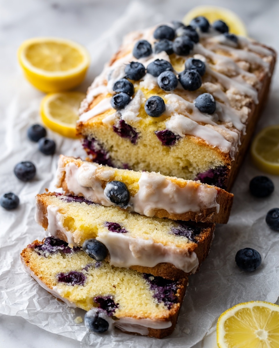A sliced blueberry lemon loaf cake rests on crumpled white parchment paper, set against a white marbled background. The cake has four uneven slices with a golden brown crust and a moist yellow inside filled with dark purple blueberries. The top layer is crumbly and golden with a light white glaze drizzled unevenly, topped with scattered whole blueberries. Around the cake, bright yellow lemons and loose blueberries add color contrast. Photo taken with an iphone --ar 4:5 --v 7