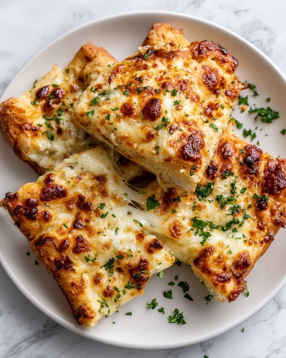 Four golden brown, square-shaped pockets filled with melted cheese sit on a white plate, each with a bubbly and slightly crispy top layer. The cheese is creamy white, stretching and oozing out from one of the pockets, which shows a smooth, gooey texture. The outer crust is lightly browned with some crispy spots and sprinkled with small green dried herbs. The plate rests on a white marbled surface, creating a clean and bright setting. photo taken with an iphone --ar 4:5 --v 7