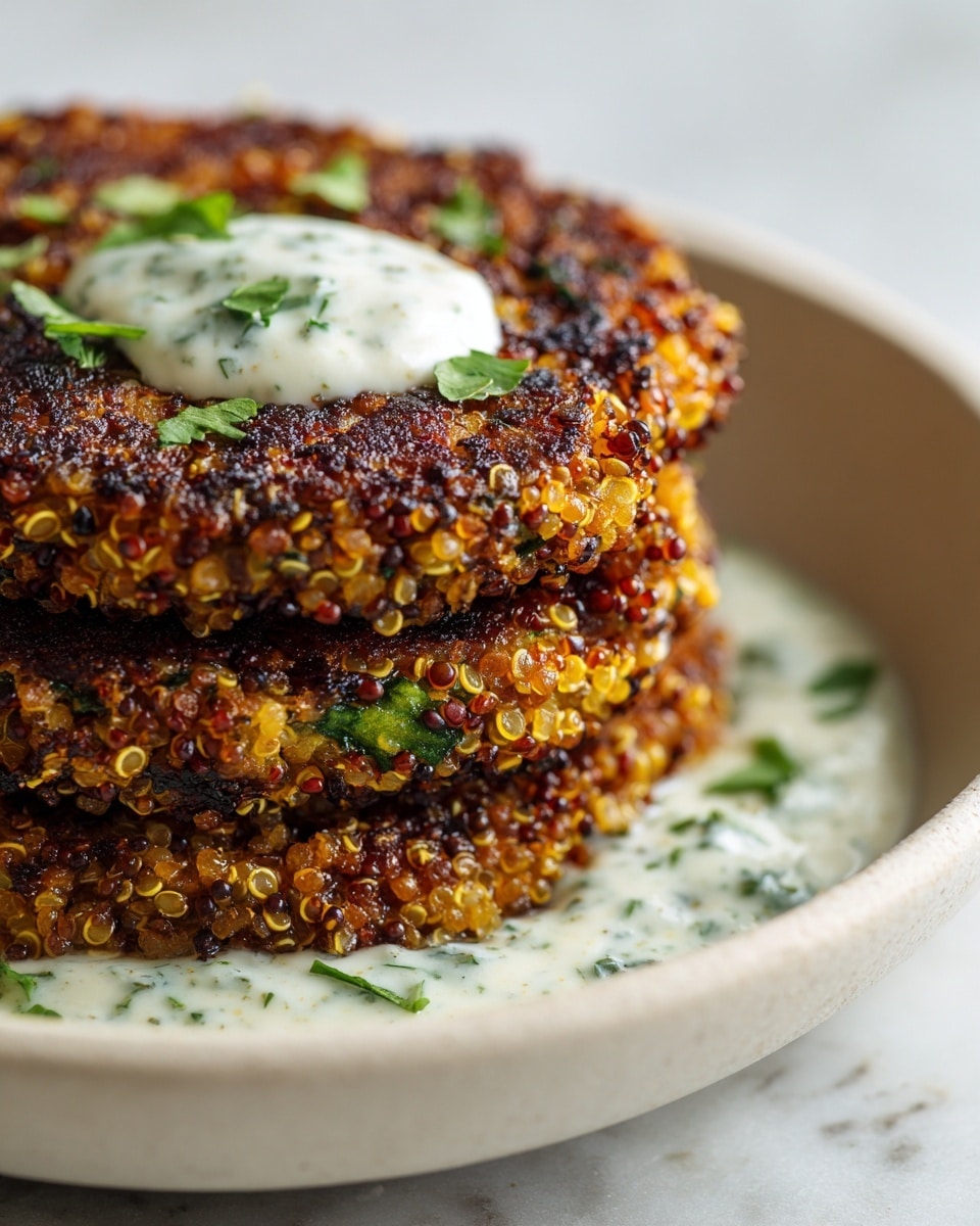 A close-up image of three stacked round quinoa patties with a golden brown crispy texture and visible green herb bits, placed inside a white bowl. The bottom layer shows a creamy white sauce with green herb flecks peeking out from beneath the patties. The quinoa grains create a bubbly and slightly translucent look on the surface, with some charred spots adding contrast. The background is a blurry warm wood tone. Photo taken with an iphone --ar 4:5 --v 7