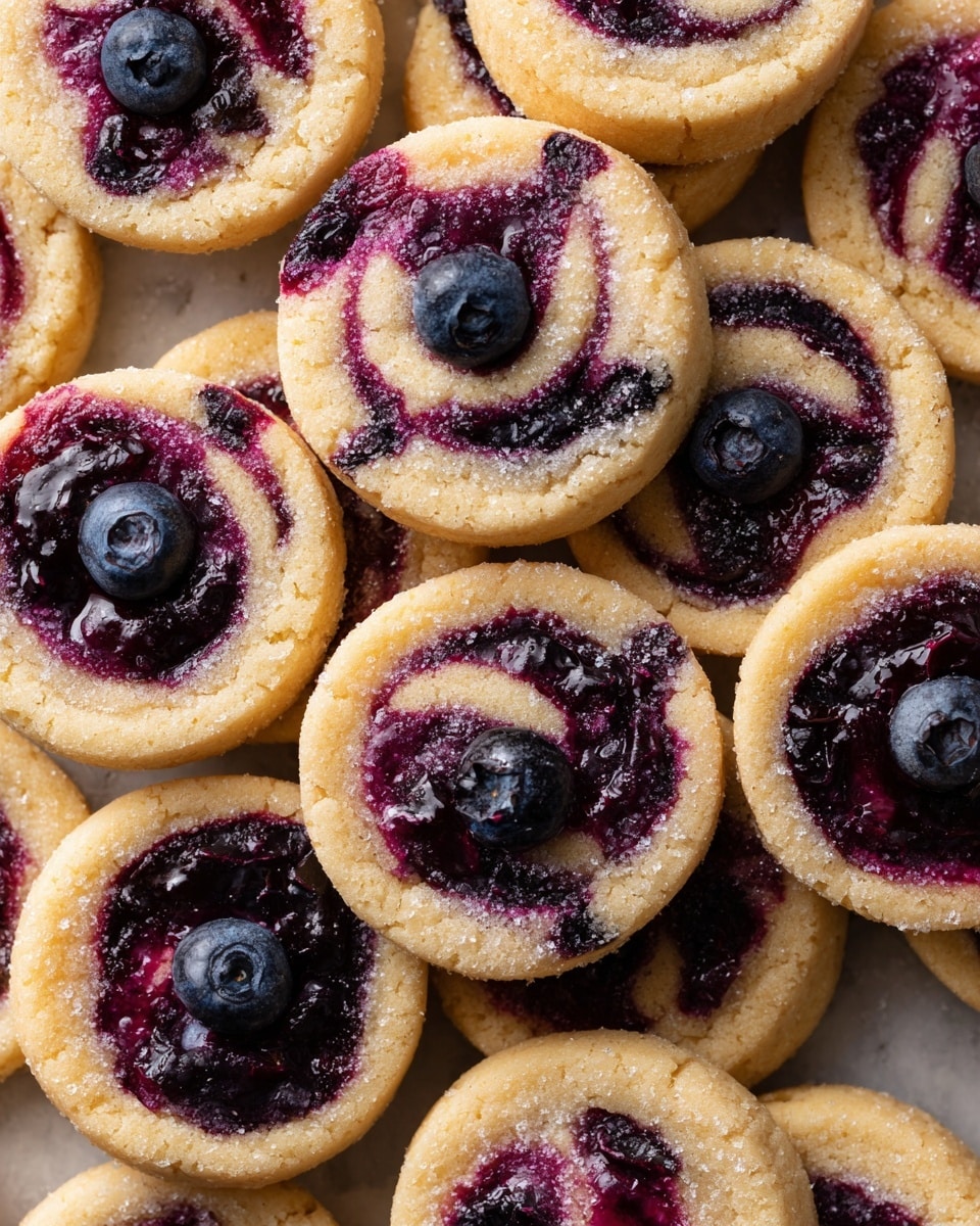 A close-up view of a stack of small round cookies with a light golden-brown color and a soft, crumbly texture. Each cookie has a swirl of deep purple blueberry filling in the center and is topped with a few whole blueberries. The berries provide a smooth, shiny contrast against the matte cookie dough, and the edges of the cookies are slightly cracked, showing a tender interior. The cookies are piled on a white marbled surface, creating a cozy and inviting presentation. photo taken with an iphone --ar 4:5 --v 7