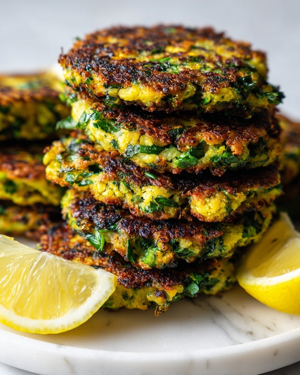 The image shows a close-up of a stack of golden brown fritters with green herbs mixed throughout, giving a textured look full of small leafy green pieces. There are about six fritters layered unevenly on a round white plate, with the fritters showing a crispy, slightly charred surface on the top and sides. Two bright yellow lemon wedges are placed on the plate near the top right corner, with the white marbled texture underneath the plate visible. The overall colors are warm and fresh, focusing on the green and golden tones of the fritters and the vibrant yellow of the lemons. photo taken with an iphone --ar 4:5 --v 7