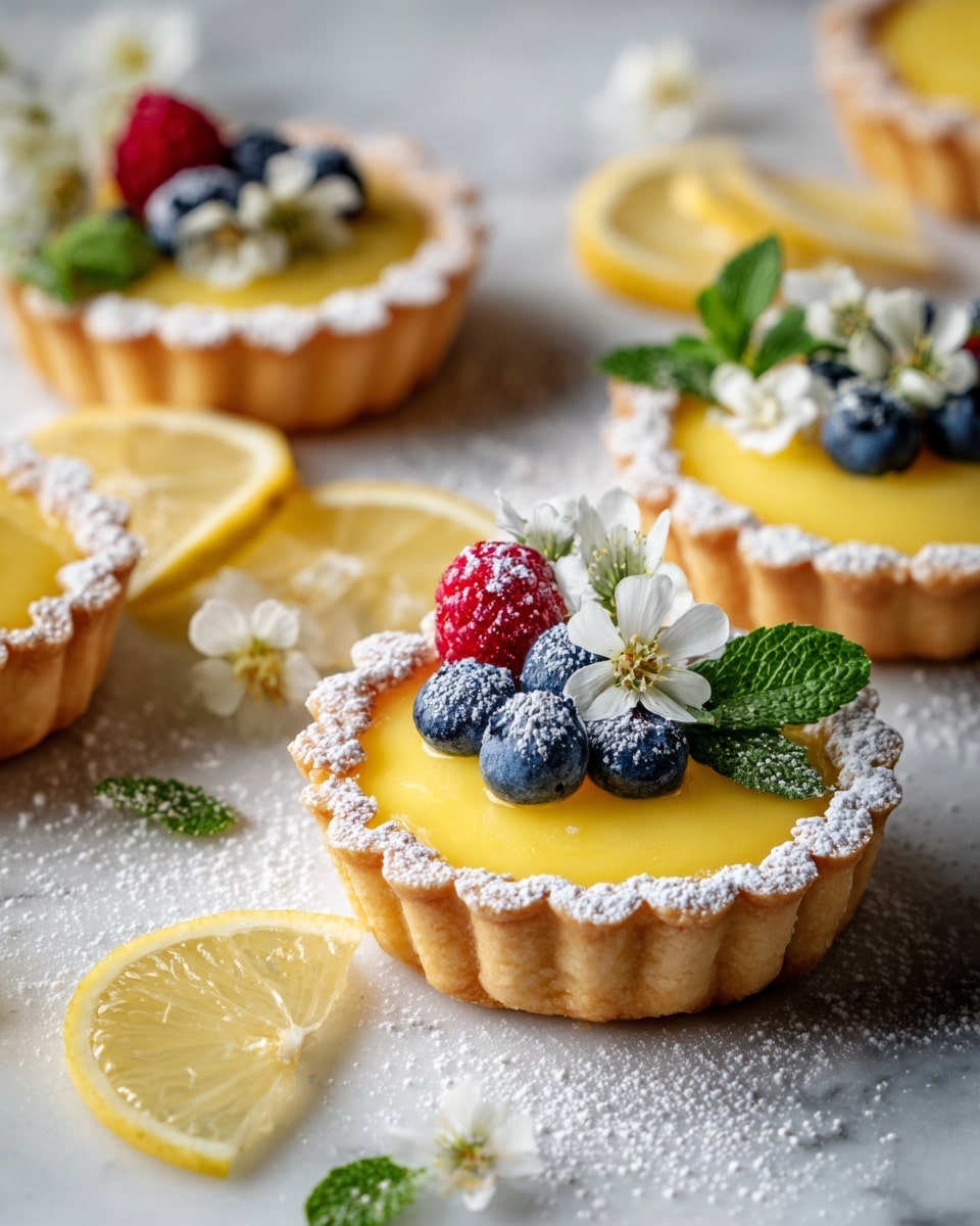 Several small flower-shaped tartlets are arranged on a white marbled surface dusted with powdered sugar. Each tartlet has a golden, flaky crust with a scalloped edge, lightly covered in powdered sugar. Inside the crust, there is a smooth, glossy layer of bright yellow lemon curd, slightly mounded in the center. Some tartlets are decorated with two blueberries, a tiny green mint leaf, and a small white edible flower on one side of the curd. In the background, there are two lemon slices partially visible. The overall look is fresh and bright with soft natural light highlighting the textures. photo taken with an iphone --ar 4:5 --v 7