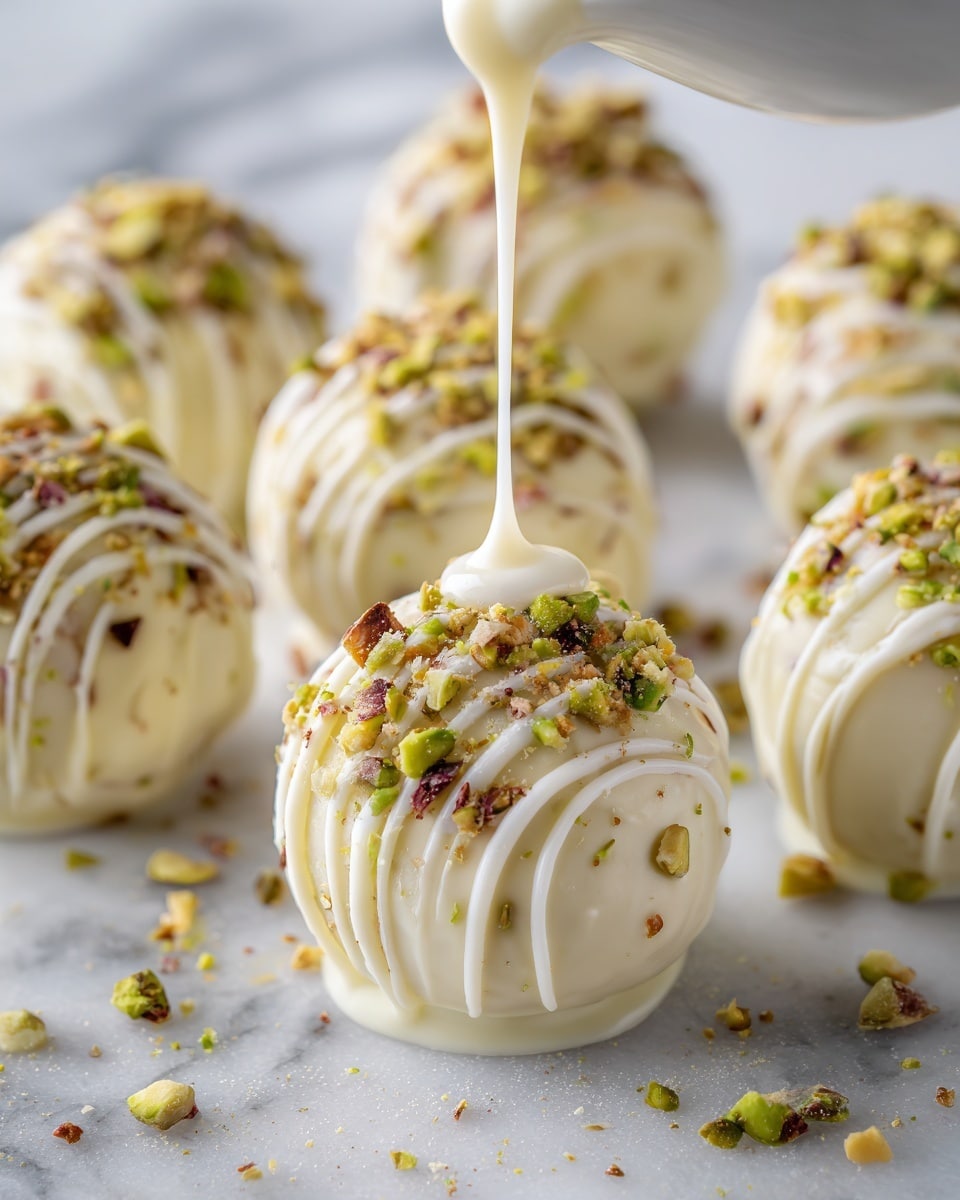 The image shows a close-up view of several smooth, round white chocolate truffles arranged on a white marbled surface. Each truffle is topped with a sprinkle of chopped green pistachios, giving a textured contrast to the smooth white chocolate. Thin white chocolate drizzle flows over some truffles, adding a glossy layer to the top. In the background, a woman's hand is delicately holding one truffle from the group. Photo taken with an iphone --ar 4:5 --v 7