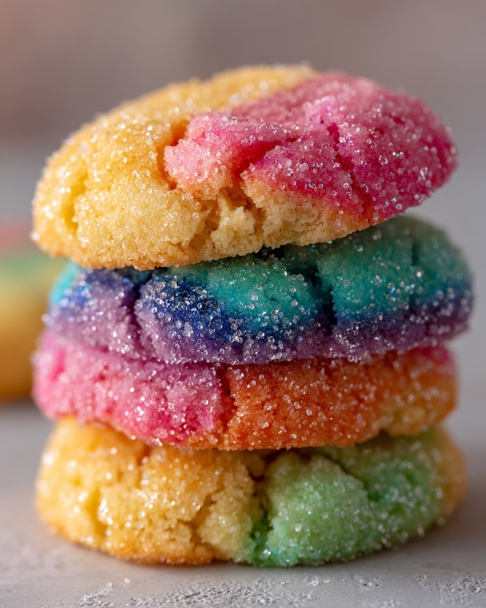 The image shows a close-up of a stack of three sugar-coated cookies with a soft texture. The top cookie has bright colors starting with pink on the edges, followed by orange, purple, blue, and green layers in the middle, all covered with sparkling sugar crystals giving a rough texture. The middle cookie is mainly yellow with a gradient to orange, also coated in sugar crystals, showing a soft and slightly cracked surface. The bottom cookie features pastel green blending into yellow and red tones with the same sugary coating and soft texture. The cookies are stacked one on top of another against a blurred background. Photo taken with an iphone --ar 4:5 --v 7
