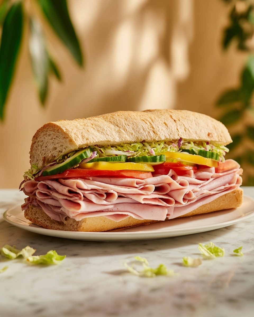 A large sandwich on a white plate shows several layers starting with a golden brown baguette bread on top. Below the bread, there are thin slices of light pink ham folded neatly, followed by bright red tomato slices and green cucumber slices. Beneath the vegetables, there is a layer of pale shredded lettuce resting on the bottom part of the baguette. The sandwich is placed on a white marbled surface with a blurred background of warm lights and some green plant leaves. Photo taken with an iphone --ar 4:5 --v 7