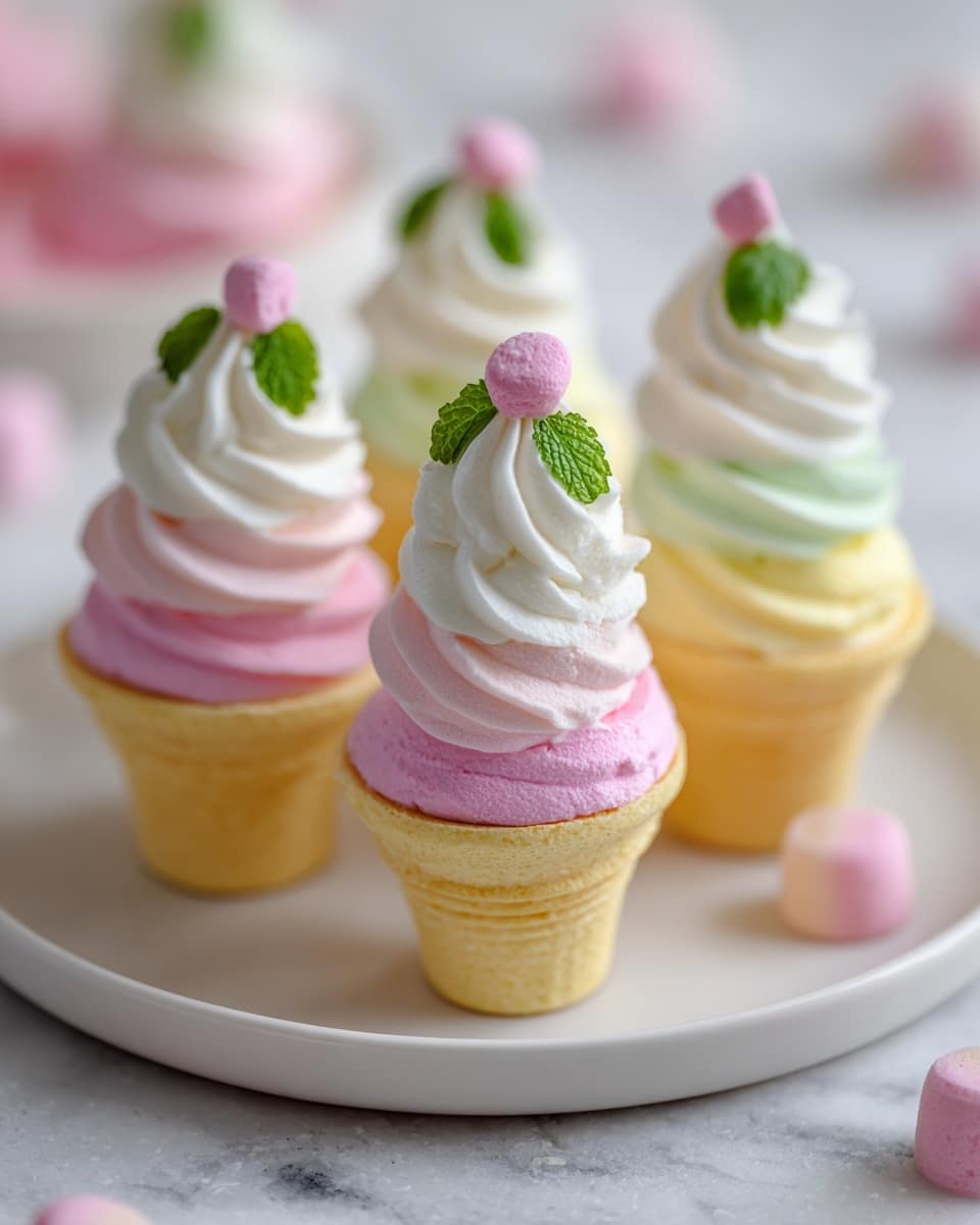 The image shows five small dessert cones resting on a white plate, each with two layers: a pale yellow bottom half and a pastel pink top half, creating a smooth, rounded shape. On top of each cone is a swirl of white cream, decorated with a small pink candy and two green mint leaves, giving a fresh look. The background is a soft white marbled texture with a few blurred pink and white candy pieces around the plate, adding a gentle and sweet atmosphere. photo taken with an iphone --ar 4:5 --v 7