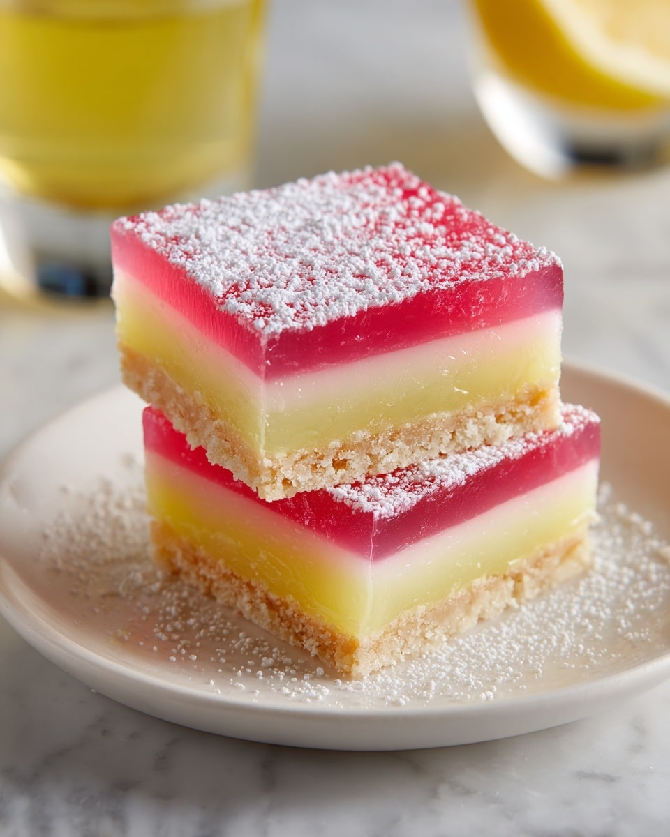 Two layered dessert squares sit stacked on a white plate placed on a white marbled surface. The bottom layer is a crunchy golden brown crust, slightly crumbly in texture, while the top layer is a translucent bright pink jelly with a shiny, smooth finish. Both layers are dusted generously with fine white powdered sugar, which also spreads lightly onto the plate. In the blurred background, a yellow drink is visible, adding a soft contrast to the image. Photo taken with an iphone --ar 4:5 --v 7