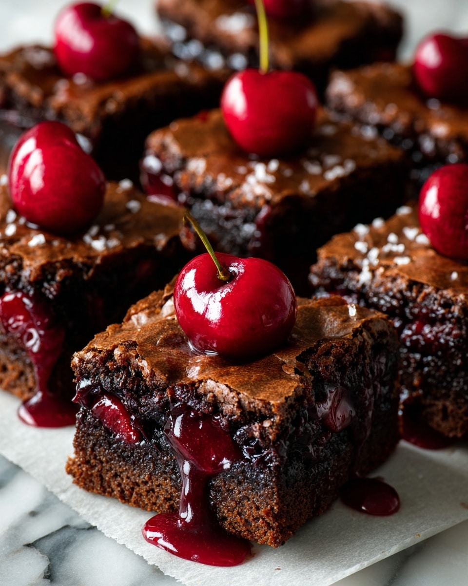 The image shows several square brownie pieces placed closely together on white parchment paper over a white marbled textured surface. Each brownie has a cracked, shiny dark brown top layer with a rich and moist dark chocolate base underneath. On top of each brownie, there is a glossy layer of deep red cherry sauce dripping slightly down one side, crowned with two smooth, whole bright red cherries with a shiny texture. The rich chocolate color contrasts with the vibrant reds of the cherries, making the dessert look fresh and tasty. photo taken with an iphone --ar 4:5 --v 7