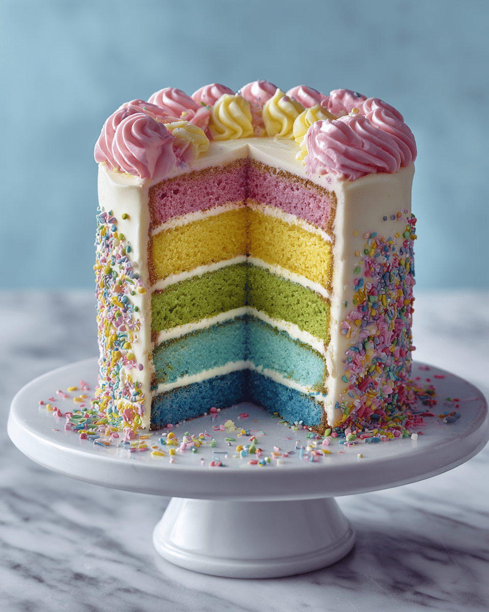 The image shows a tall round cake with six colorful layers stacked inside, each separated by white cream. From bottom to top, the layers are blue, green, yellow, green, blue, and yellow again, all with a soft, spongy texture. The outside of the cake is covered in smooth white icing, decorated with pink swirled frosting along the top edge. The top surface is covered with multicolored sprinkles, some scattered around the base of the white cake stand. The cake stand sits on a white marbled surface, and the background is a soft blue color. Photo taken with an iphone --ar 4:5 --v 7